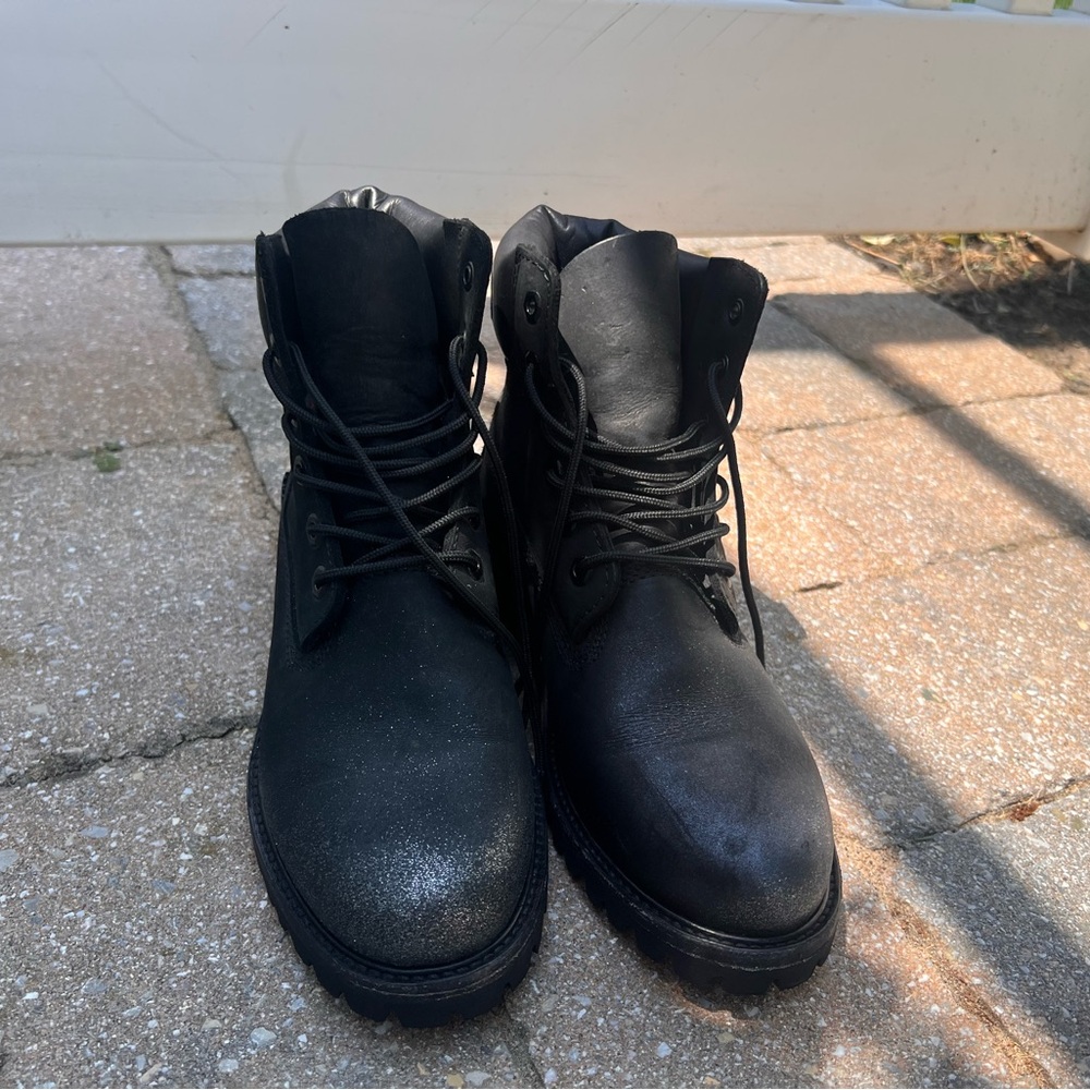 JIMMY CHOO X TIMBERLAND Nubuck Glitter Ankle Boots 7 Black Gunmetal